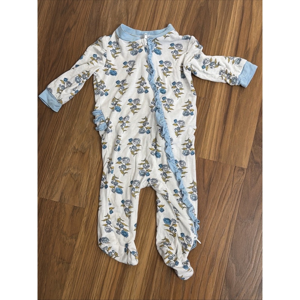 Milkberry Baby Girls 0-3 Months Blue Flower Footie Sleeper Pajamas Ruffle Bum